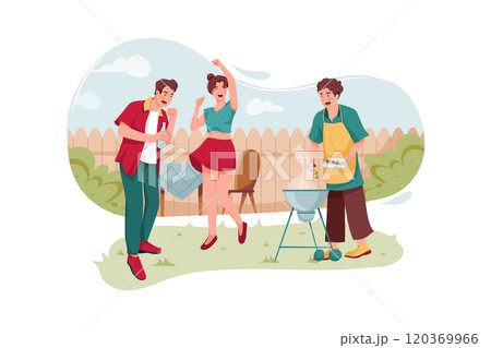 Group of friends dancing at an outdoor barbecue party 120369966