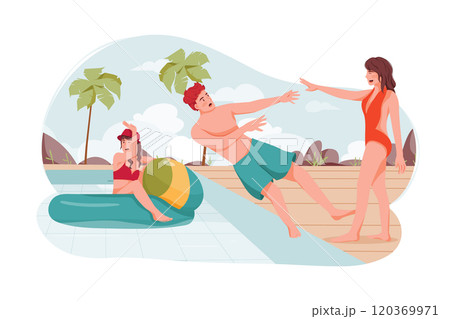 Group of friends enjoy pool parties together in the summertime. Women pushing male friends in the swimming pool. 120369971