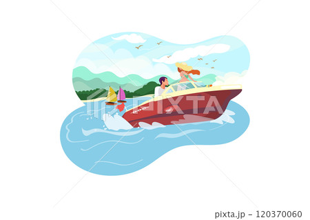 Summer lifestyle traveler woman in bikini and big hat joy relaxing on boat 120370060