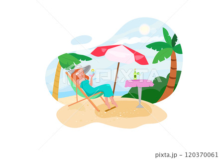 Summer travel beach vacation concept, Traveler asian woman with hat and dress relax on chair beach 120370061
