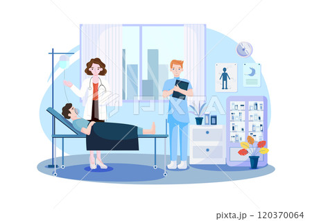 Patient lying in bed during intensive therapy 120370064