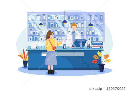 Pharmacist doctor and patient in the drugstore. a client woman buys drugs at a pharmacy 120370065
