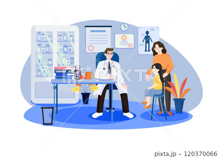 Pediatrician and woman with girl in medical office 120370066