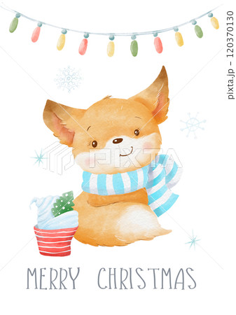 Christmas Watercolor Card Hand Drawn Cute Fox 120370130