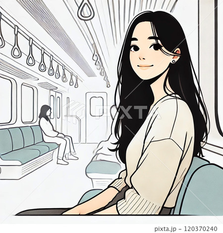 電車内で座る笑顔の女性のイラスト 電車内で座る笑顔の女性のイラスト 120370240
