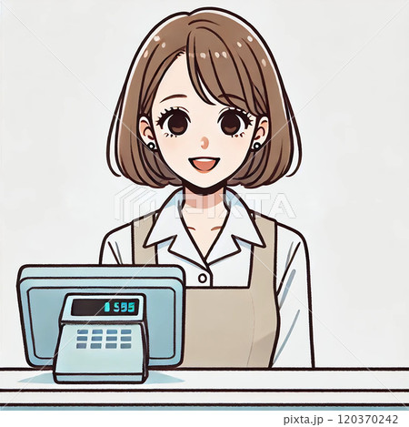 レジカウンターで笑顔の女性スタッフのイラスト 120370242