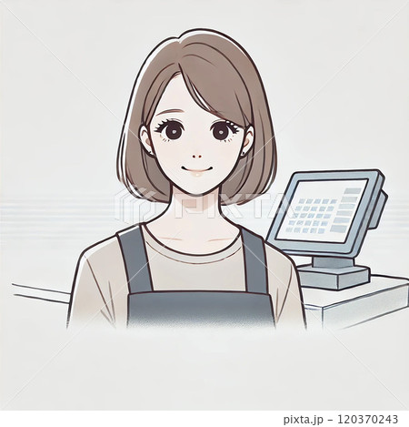 レジカウンターで微笑むエプロン姿の女性のイラスト 120370243