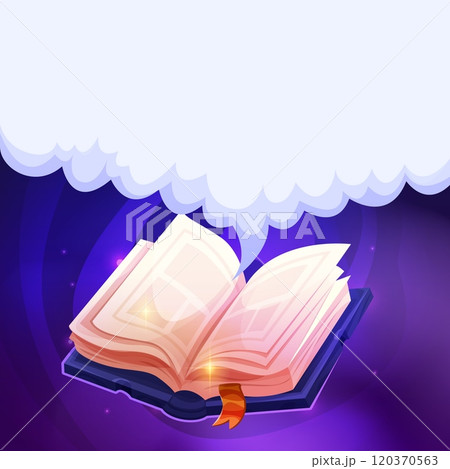 Open book with cloud. Discussing reading books concept, cartoon textbook empty speech bubble white smoke, school library bookstore speaking think diary, swanky vector illustration 120370563