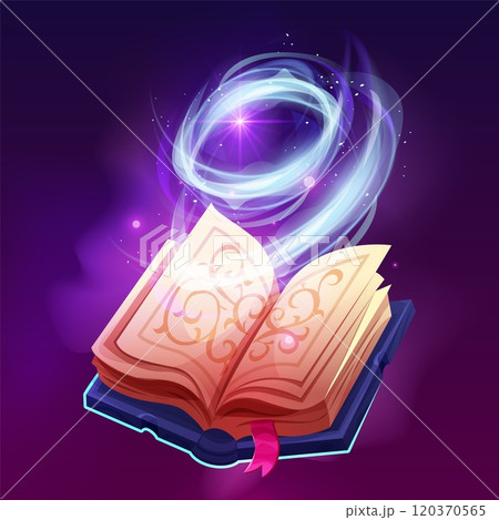 Spell book cast. Fantasy rpg game books spelled magic spells, wizard or witch casting spelling glow energy witchcraft sprite, cartoon fairytale storybook swanky vector illustration Spell book cast. Fantasy rpg game books spelled magic spells, wizard or witch casting spelling glow energy witchcraft sprite, cartoon fairytale storybook swanky vector illustration 120370565