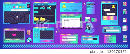 Browser neon screens. Retro window black interface, vintage computer internet frame dialogue file folder desktop nostalgia 80s synth waves virtual space, classy vector illustration 120370573
