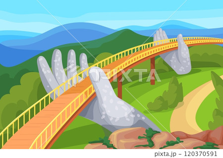 Vietnam bridge. Vietnamese touristic places, golden bridges in danang hands on ba na hills cartoon natural landscape, travel tourism asia popular landmarks neat vector illustration 120370591