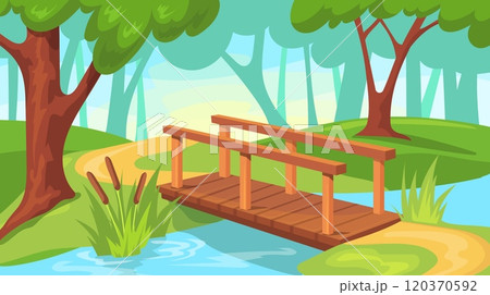 Wooden bridge landscape. Cartoon wood bridge river or lake crossing, forest nature path rustic way over pond creek with green grass, summer game background neat vector illustration Wooden bridge landscape. Cartoon wood bridge river or lake crossing, forest nature path rustic way over pond creek with green grass, summer game background neat vector illustration 120370592