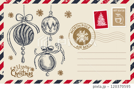 Christmas mail, postcard with ball, hand drawn illustration.	 120370595