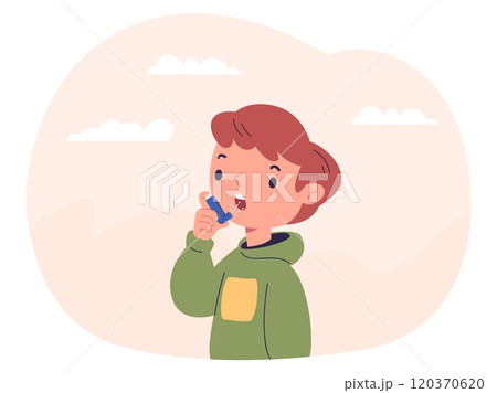 Boy asthma. Child patient with inhale spray, allergic attack bronchitis lungs remediation problem coughing symptoms medicine treatment, asthmatic cartoon kid vector illustration 120370620