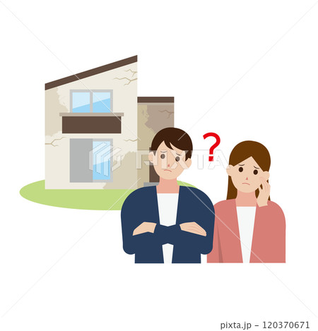 ボロボロの一軒家の修繕に悩む男女のイラスト ボロボロの一軒家の修繕に悩む男女のイラスト 120370671