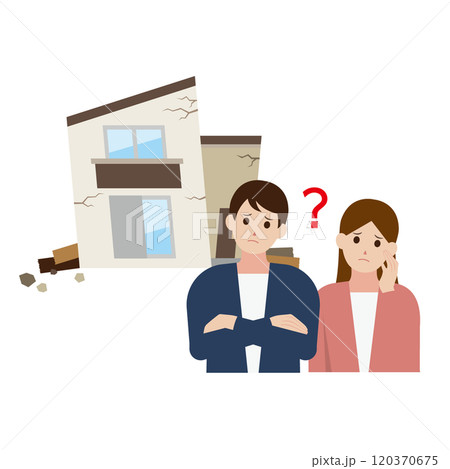 ボロボロの一軒家の修繕に悩む男女のイラスト 120370675