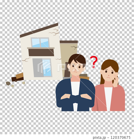 ボロボロの一軒家の修繕に悩む男女のイラスト 120370675