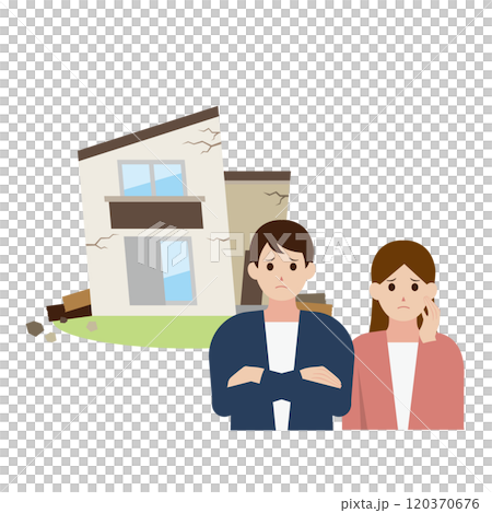 ボロボロの一軒家に悩む男女のイラスト 120370676