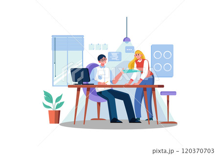 Male coworker showing document with project results talking to caucasian female colleague Male coworker showing document with project results talking to caucasian female colleague 120370703