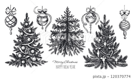 Christmas tree set on white, hand drawn illustration Christmas tree set on white, hand drawn illustration 120370774
