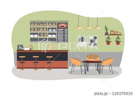 Empty cafe interior with bar stand, table, and armchairs 120370810