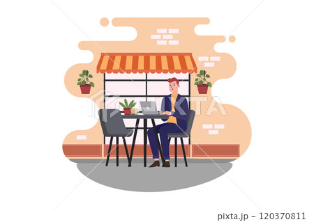 A man sitting at a cafe working on a laptop A man sitting at a cafe working on a laptop 120370811