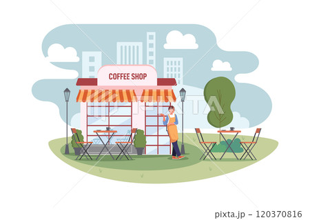A coffee shop owner wearing an apron in front of the shop facade. A coffee shop owner wearing an apron in front of the shop facade. 120370816