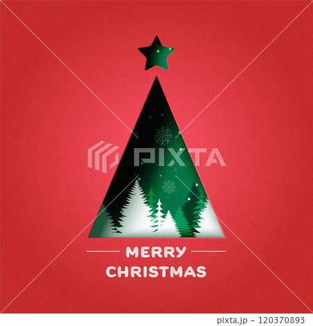 Merry Christmas and winter season on red background. Green christmas Tree decorated .Vector illustration in paper art craft 120370893