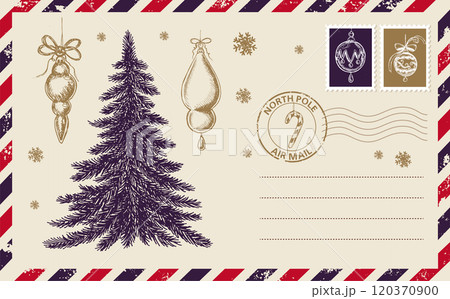 Postcard, Christmas mail, letter, hand drawn illustration.	 120370900
