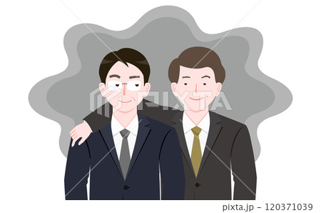 悪徳業者・悪徳商法の悪人ビジネスマンが肩組みをするイメージイラスト_ブラック企業・悪い組織イメージ 120371039