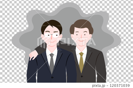 悪徳業者・悪徳商法の悪人ビジネスマンが肩組みをするイメージイラスト_ブラック企業・悪い組織イメージ 120371039
