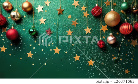 《AI画像》キラキラオーナメントで飾り付けた緑色の背景素材 120371063