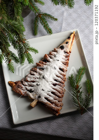 A white plate with a dessert shaped like a Christmas tree A white plate with a dessert shaped like a Christmas tree 120371192