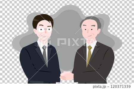 Image illustration of a dishonest business person shaking hands with a dishonest businessman_Image of a black company or bad organization 120371339