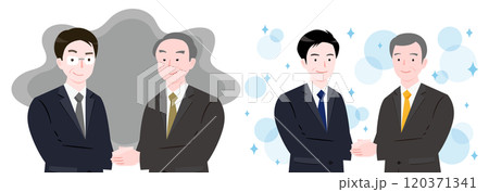 悪徳業者の悪いビジネスマンが握手をするイメージとクリーンな良い取引をするビジネスイラスト比較 悪徳業者の悪いビジネスマンが握手をするイメージとクリーンな良い取引をするビジネスイラスト比較 120371341