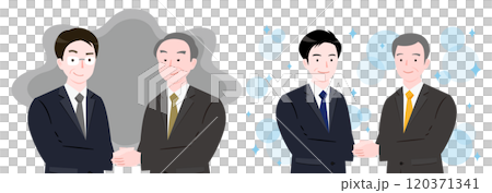 Comparison of business illustrations of unscrupulous bad businessmen shaking hands with clean good deals 120371341