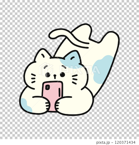 Cat lying down and looking at smartphone 120371434