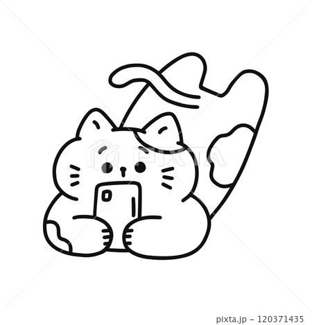 寝転びながらスマートフォンを見ている猫 線画 寝転びながらスマートフォンを見ている猫 線画 120371435