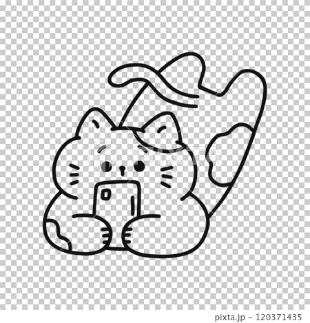 寝転びながらスマートフォンを見ている猫 線画 寝転びながらスマートフォンを見ている猫 線画 120371435