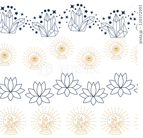 Horizontal border, set Magic and heavens seamless pattern, with magical elements Symbols of witchcraft Horizontal border, set Magic and heavens seamless pattern, with magical elements Symbols of witchcraft 120372091
