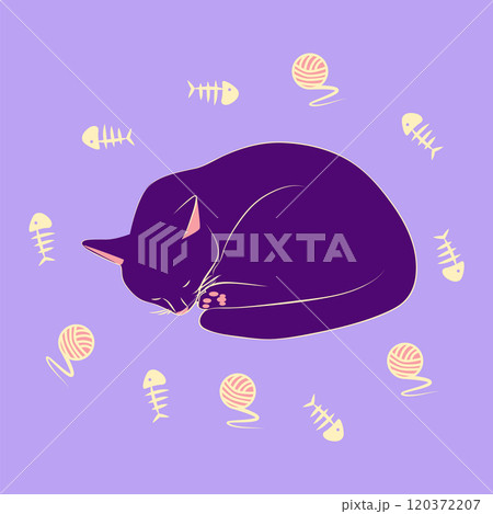 Mystical cat in boho style surrounded by stars, zodiac signs, balls, paw prints, silhouette collection. Esotericism and mysticism, occultism. Cartoon flat vector illustrations 120372207