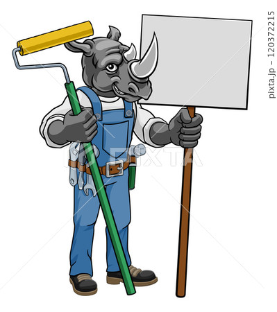 Rhino Painter Decorator Paint Roller Mascot Man 120372215