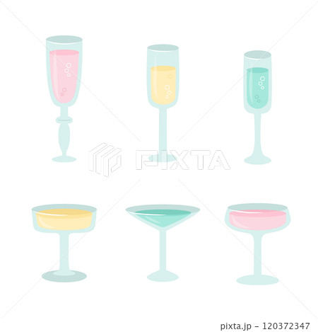 Champagne and wine bottles set in pastel colors in cute cartoon flat style. Vector illustration 120372347