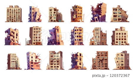 Ruined city buildings. Cartoon destroyed urban houses broken windows, town apocalyptic earthquake war ruins set vector illustration 120372367