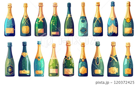 Flat champagne bottles. Sparkle wine product design, party alcohol drinks, New year celebration set vector illustration 120372425