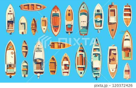 Flat boats. Ships yachts sailboats top view water vessels ocean sea transport set vector illustration 120372426