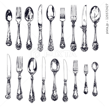 Engraved silver cutlery. Hand drawn vintage fork food spoon dinner knife utensil, restaurant menu decoration set vector illustration 120372427