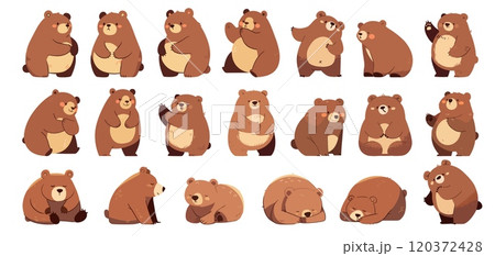 Cute flat bear. Cartoon forest wild animal in different poses, fluffy baby bear mascot set vector illustration 120372428