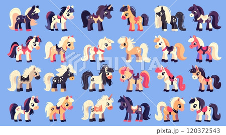 Cartoon ponies. Cute farm little horses animal character, flat domestic equine pet with mane and tail set vector illustration 120372543