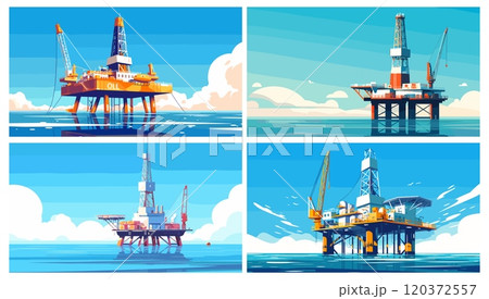 Cartoon oil platform. Sea ocean landscape with petrol fuel gas drilling tower rig, industrial scene set vector illustration 120372557